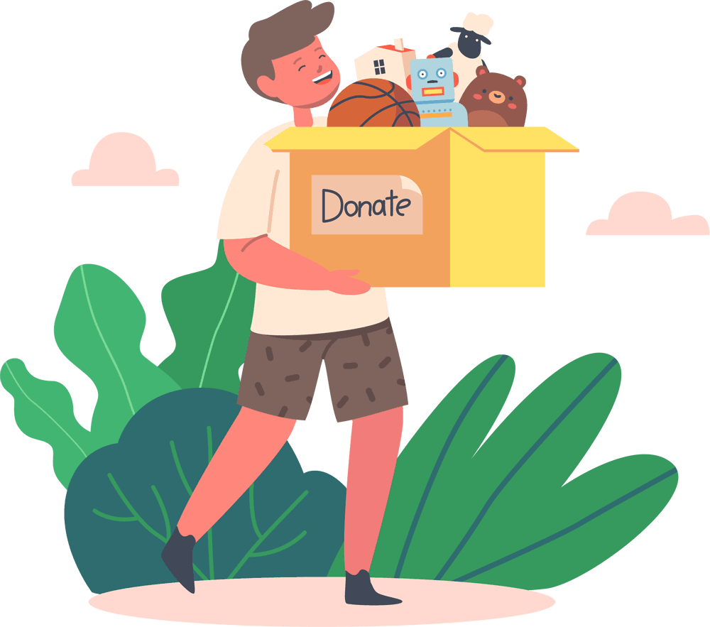 Ilustracion, joven sonriente lleva donaciones en una caja