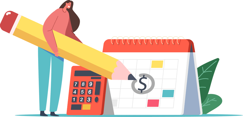 Ilustracíon calculadora, mujer con lapiz y calendario
