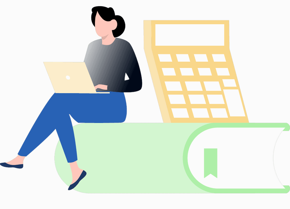 Ilustración, calculadora, mujer trabaja en computadora